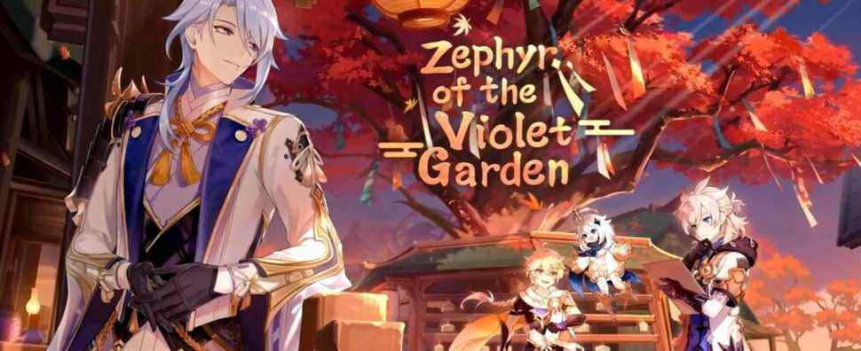 Genshin Impact Zephyr of the Violet Garden 2.6 Update Traveler Aether Paimon Albedo Kamisato Ayato Inazuma