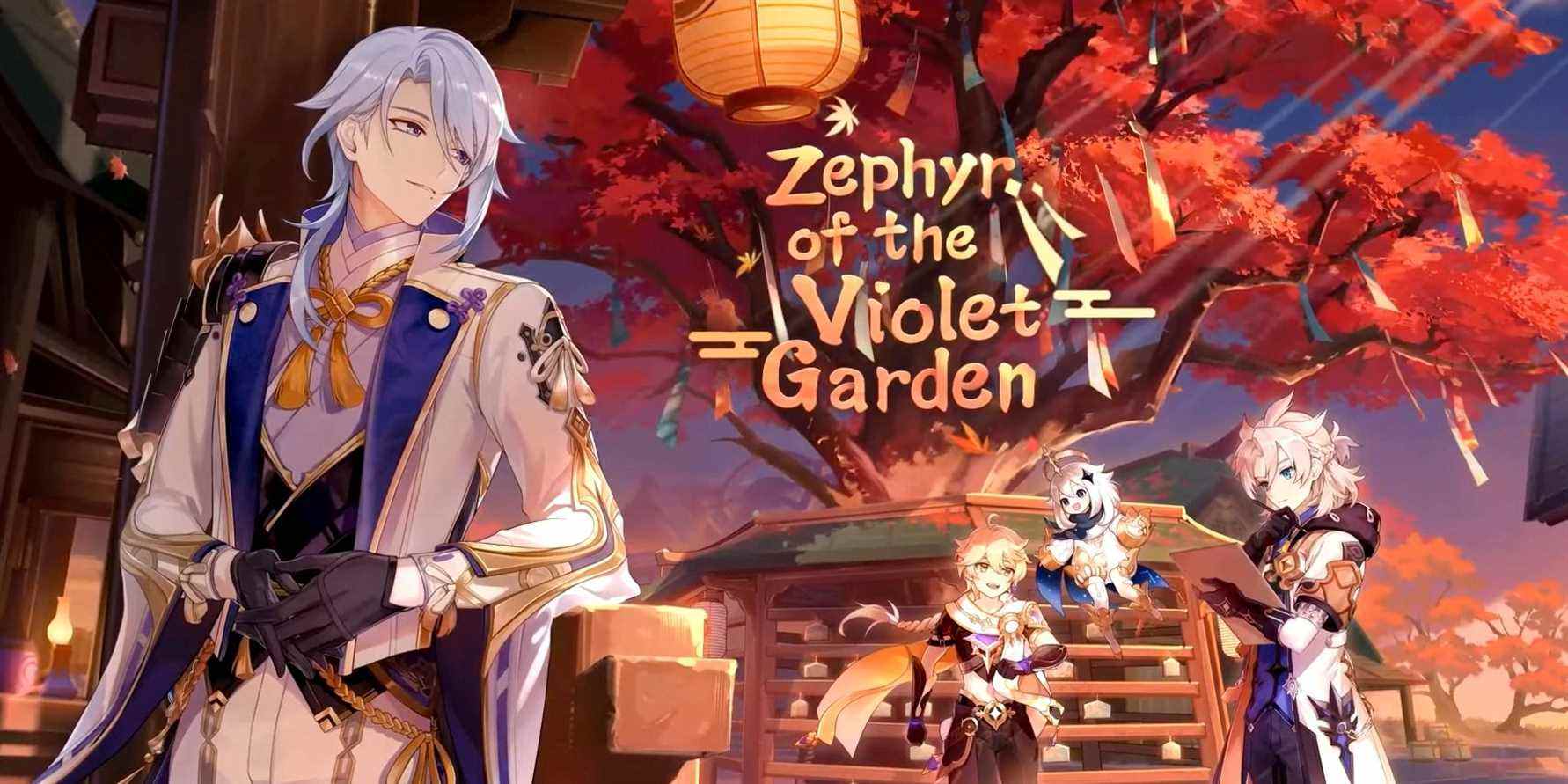 Genshin Impact Zephyr of the Violet Garden 2.6 Update Traveler Aether Paimon Albedo Kamisato Ayato Inazuma