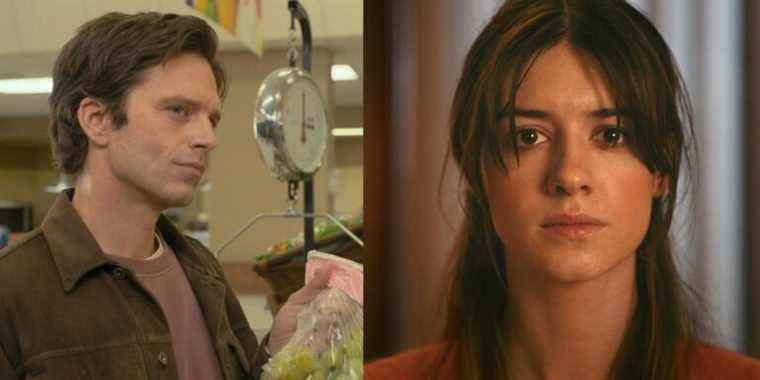 Sebastian Stan as Steve in Fresh holding a bag of grapes; Daisy Edgar-Jones as Noa in Fresh staring at the camera