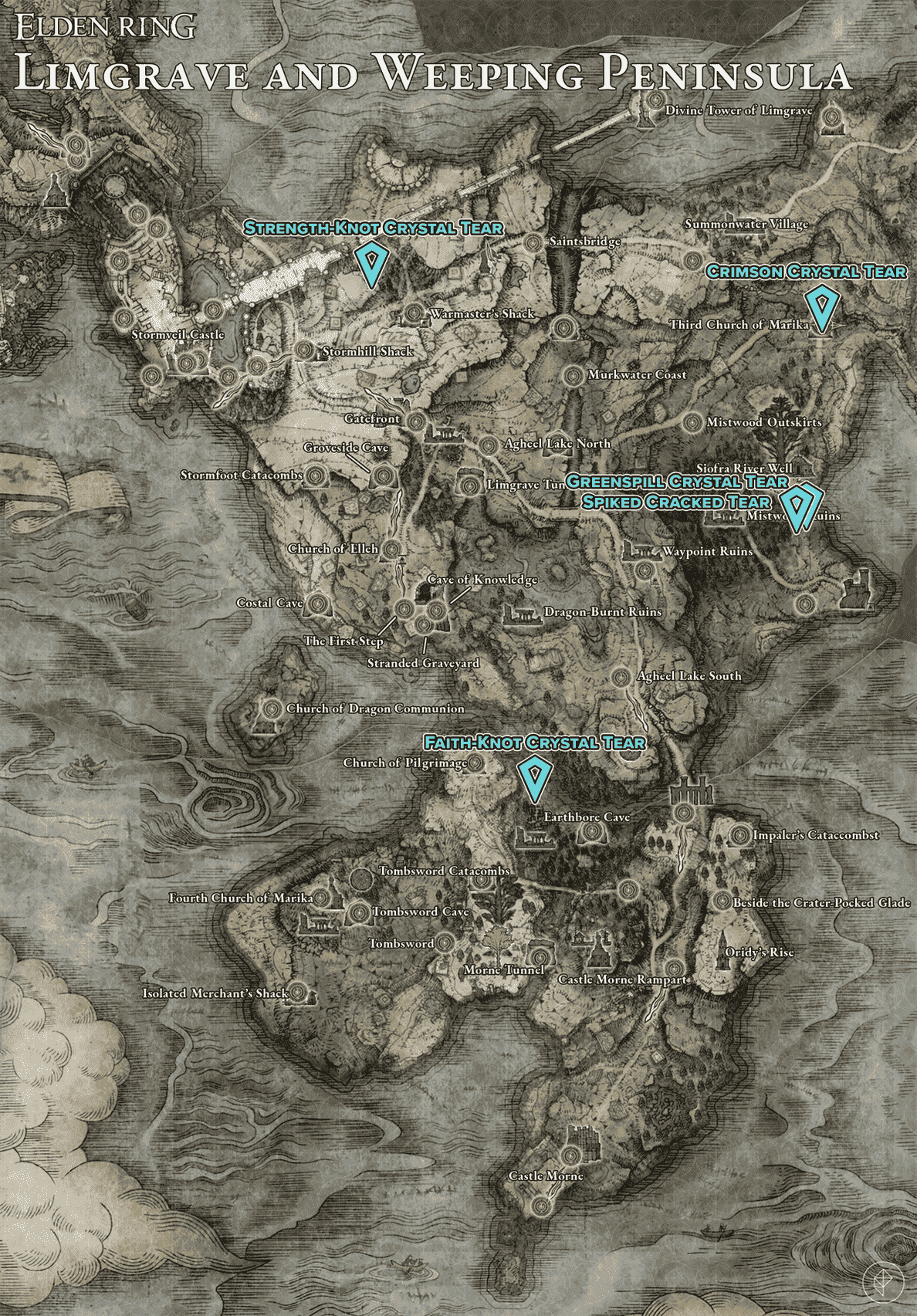 Elden Ring Limgrave et Weeping Peninsula Flask of Wondrous Physick Crystal Tear locations.