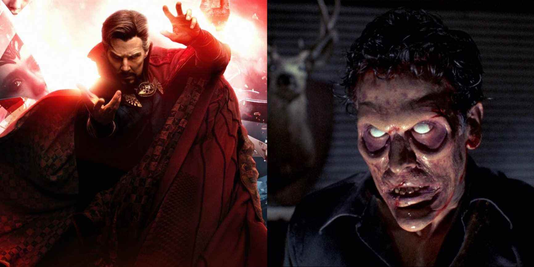 Split image of the Doctor Strange in the Multiverse of Madness poster and Bruce Campbell in Evil Dead 2