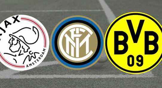 The official Ajax, Inter Milan, and Borussia Dortmund club badges over an image of a football field.