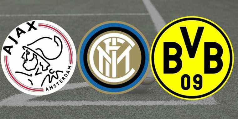 The official Ajax, Inter Milan, and Borussia Dortmund club badges over an image of a football field.