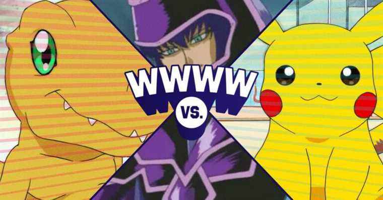 Une bataille royale Pikachu contre Agumon contre Dark Magician
