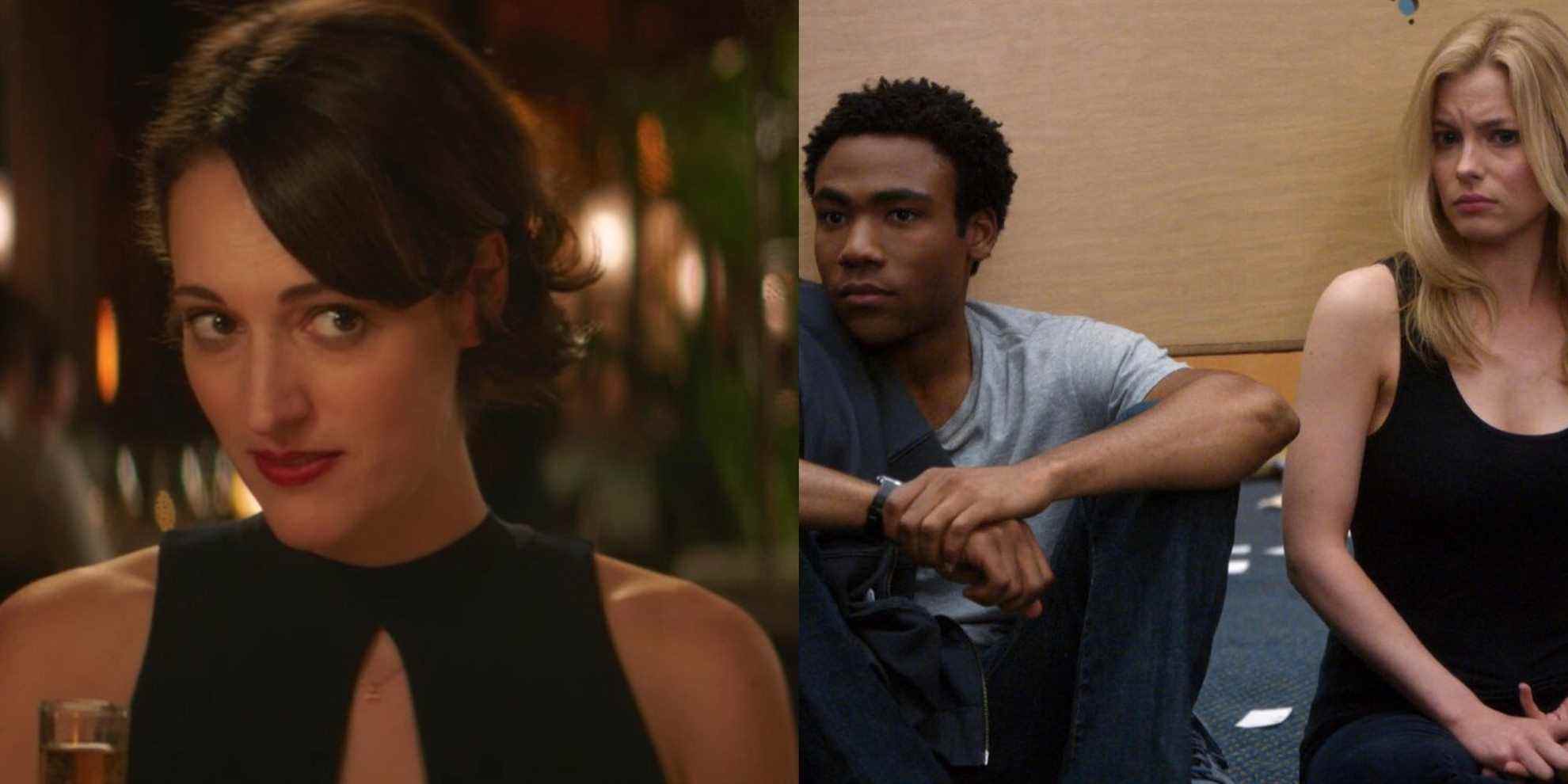 Fleabag at dinner with her family in Season 2 Episode 1; Donald Glover and Gillian Jacobs sitting together in Cooperative Calligraphy