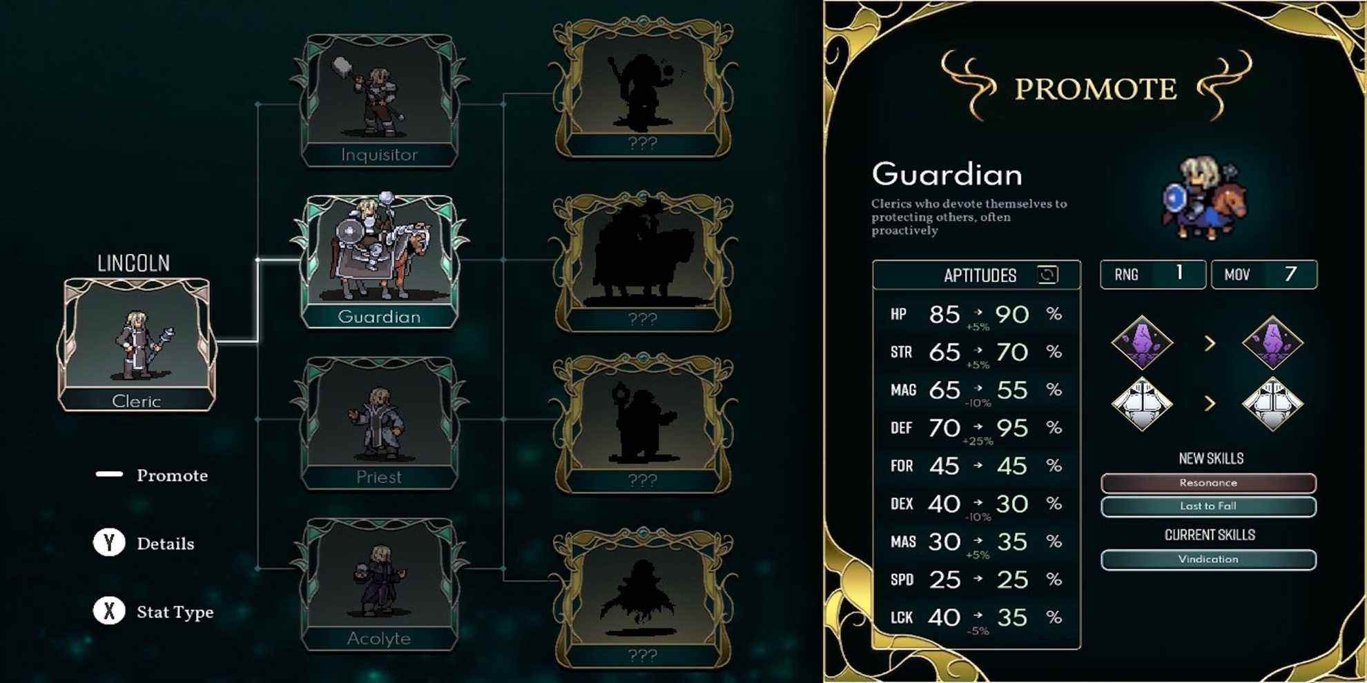 Le menu d'amélioration de classe dans Dark Deity