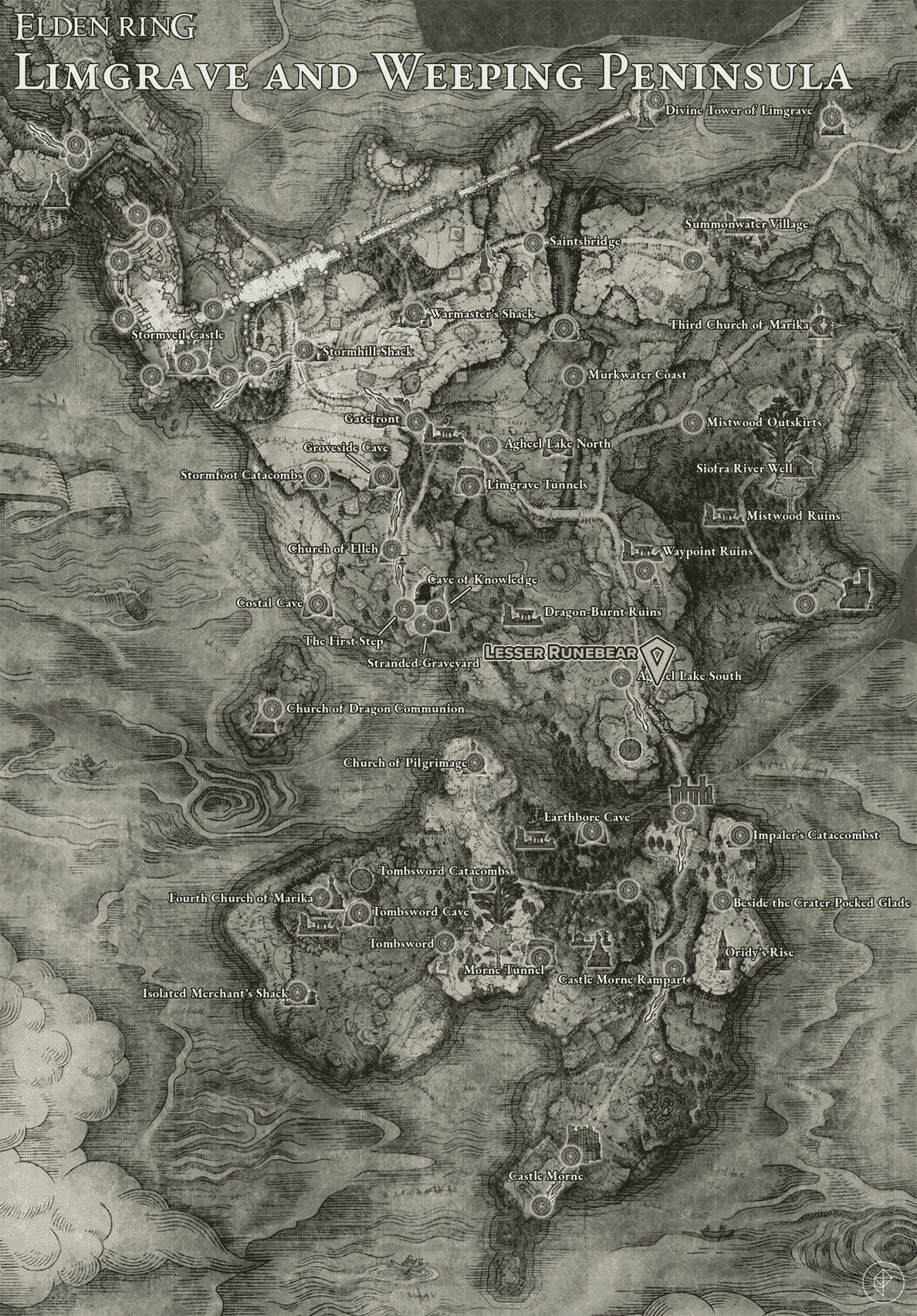 Carte montrant les emplacements des déchirures larvaires de Limgrave.