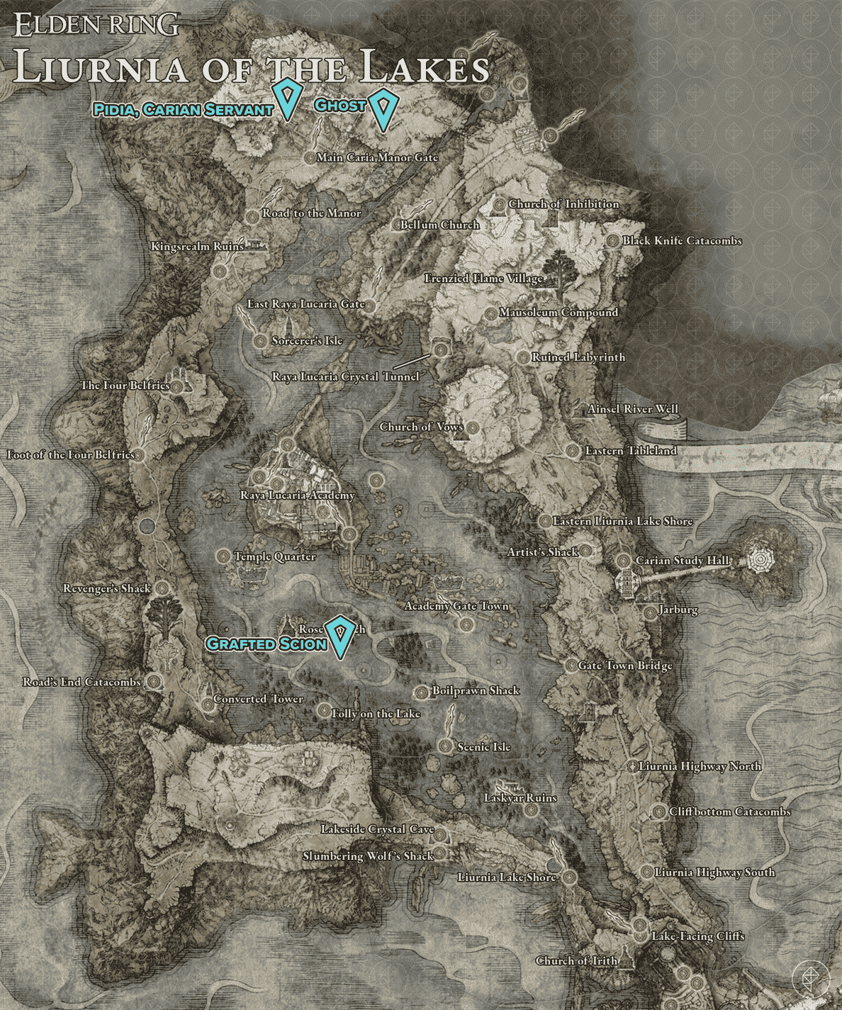 Carte montrant les emplacements des déchirures larvaires de Limgrave