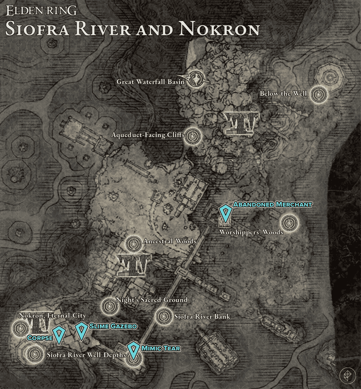 Carte montrant la rivière Siofra et Nokron, les emplacements des déchirures larvaires de la ville éternelle 