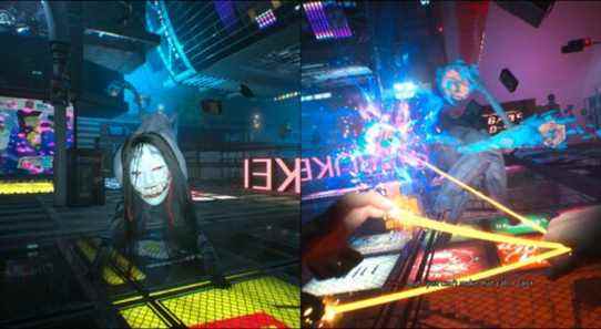 A split picture showing Ko-omote watching you on the left and one of her cores being destroyed on the right.