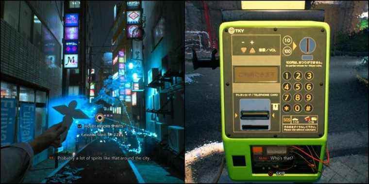 A split image of the player absorbing spirits on the left and using a payphone on the right.