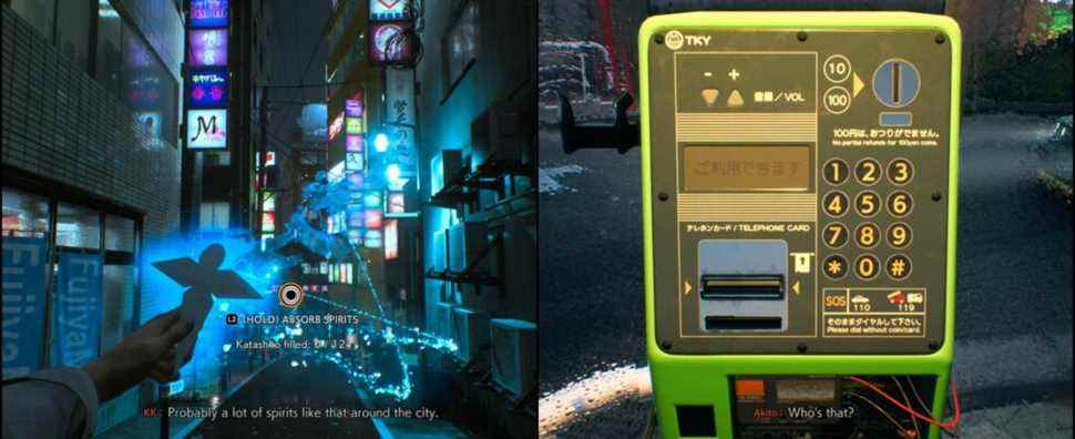 A split image of the player absorbing spirits on the left and using a payphone on the right.