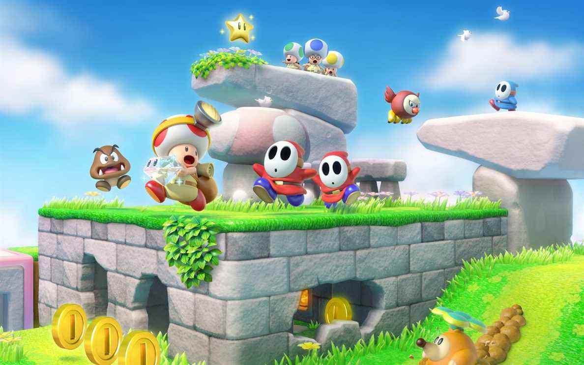 Illustration de Captain Toad: Treasure Tracker mettant en vedette Toad poursuivi par des gars timides et un goomba.