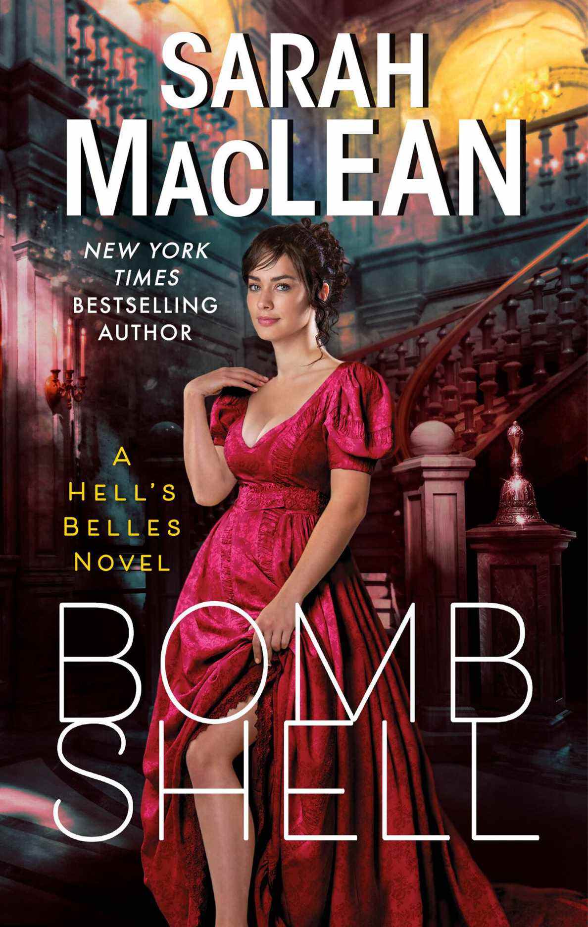 Couverture de Bombshell, avec une femme en robe rouge debout au pied d'un escalier