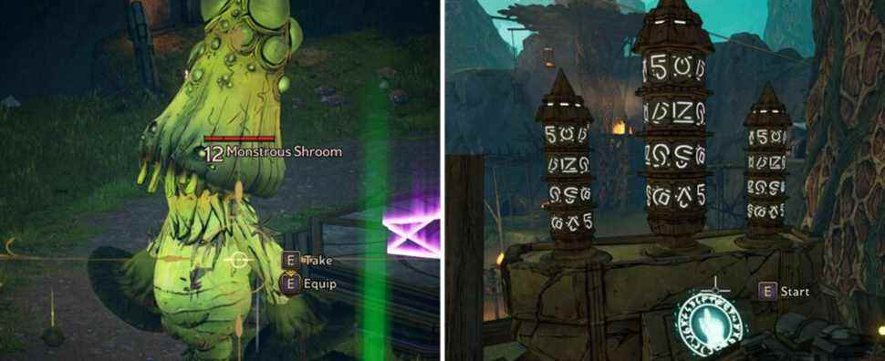 tiny tina's wonderlands - ancient obelisk enemy on left, rune switch on right