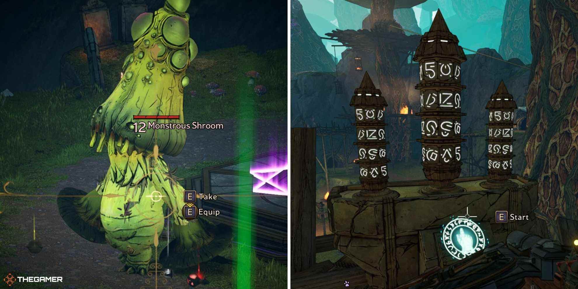 tiny tina's wonderlands - ancient obelisk enemy on left, rune switch on right