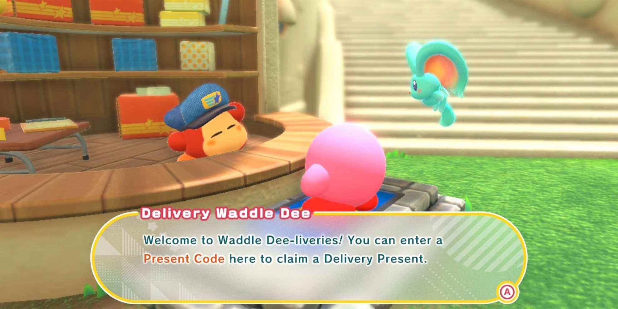 Livraison Waddle Dee demandant des codes cadeaux à Kirby et la terre oubliée