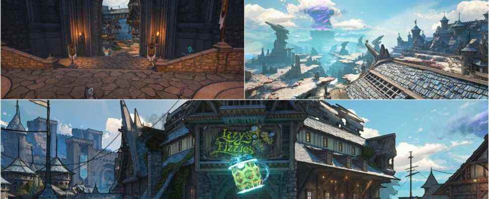 Showcase of the different areas where players can find Lucky Dices in Brightoof from Tiny Tina's Wonderlands.