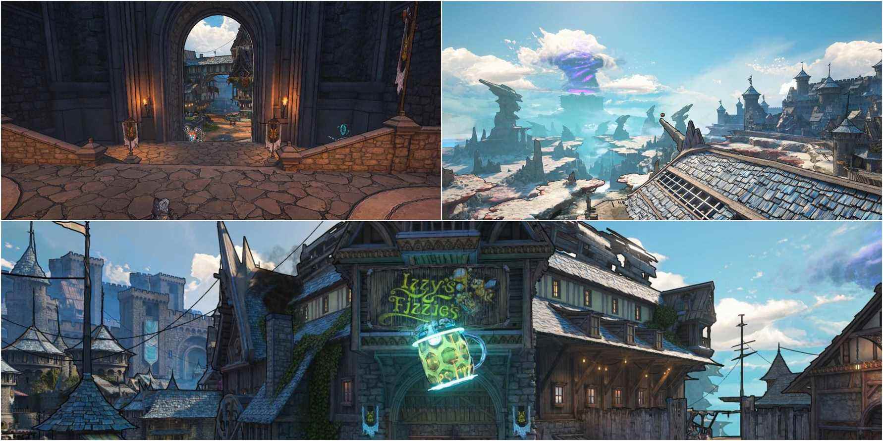 Showcase of the different areas where players can find Lucky Dices in Brightoof from Tiny Tina's Wonderlands.