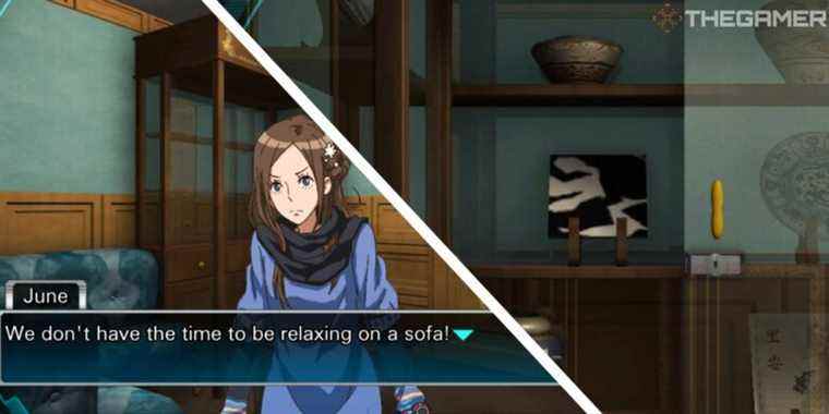 image of june speaking to junpei next to image of tile on shelf