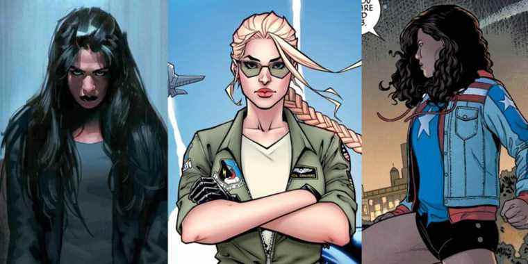 Jessica Jones in street clothes in the comics; Carol Danvers in her Air Force garb as planes fly behind her; America Chavez taking a power stance by a cityscape