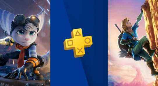 Rivet from Rift Apart, a PS Plus logo, and Link from Breath of the Wild