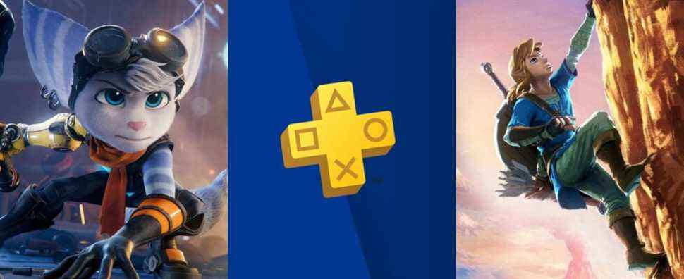 Rivet from Rift Apart, a PS Plus logo, and Link from Breath of the Wild