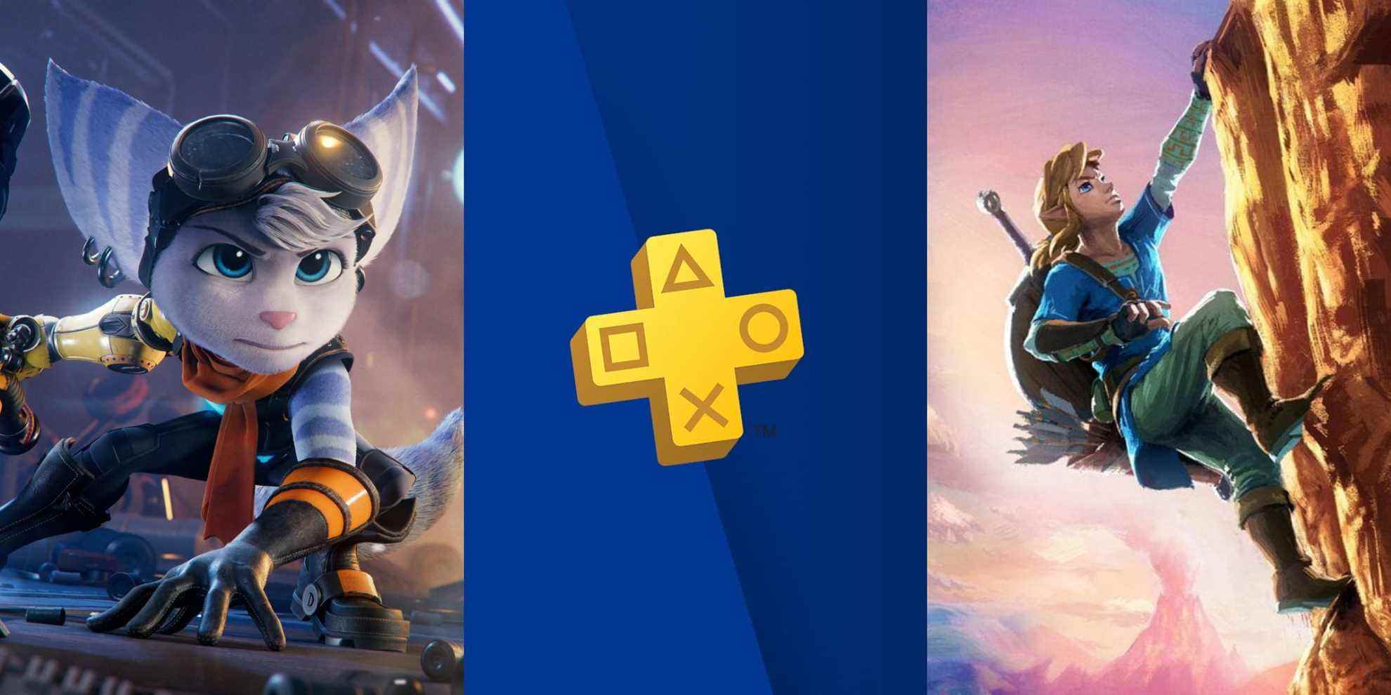 Rivet from Rift Apart, a PS Plus logo, and Link from Breath of the Wild