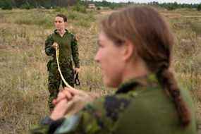 Membres des Forces armées canadiennes déployés dans le cadre de l'opération Reassurance, la contribution du Canada au renforcement du flanc est de l'OTAN.  La queue de cheval est un ajout relativement nouveau à l'uniforme.  Traditionnellement, les cheveux de toutes sortes frappant le col étaient interdits.