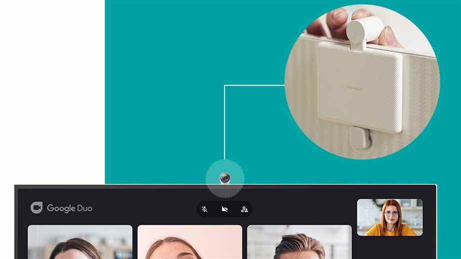 Image promotionnelle du Samsung Smart Monitor M8 avec gros plan sur l'appareil photo