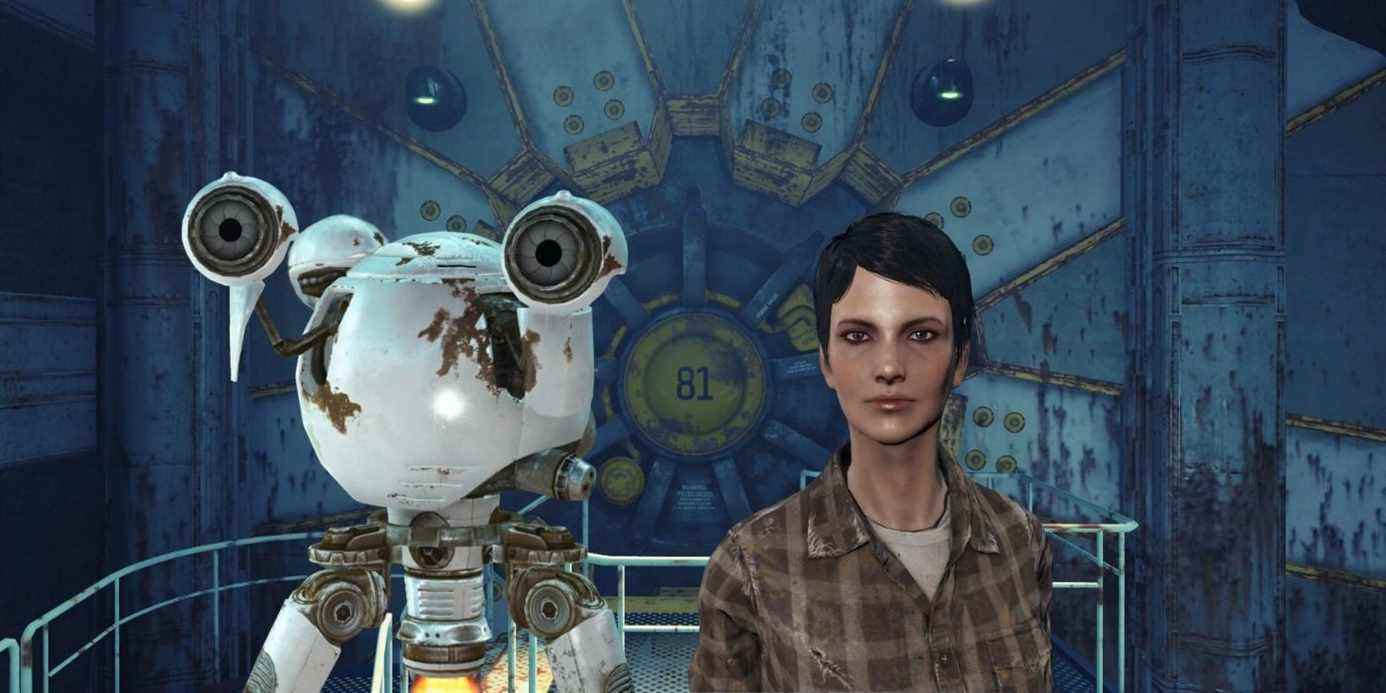 fallout 4 curie en tant que synthé et robot devant la porte principale du coffre-fort 81