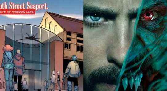 A split image depicts Horizon Labs in Marvel comics and Morbius in a promotional image from the Sony movie