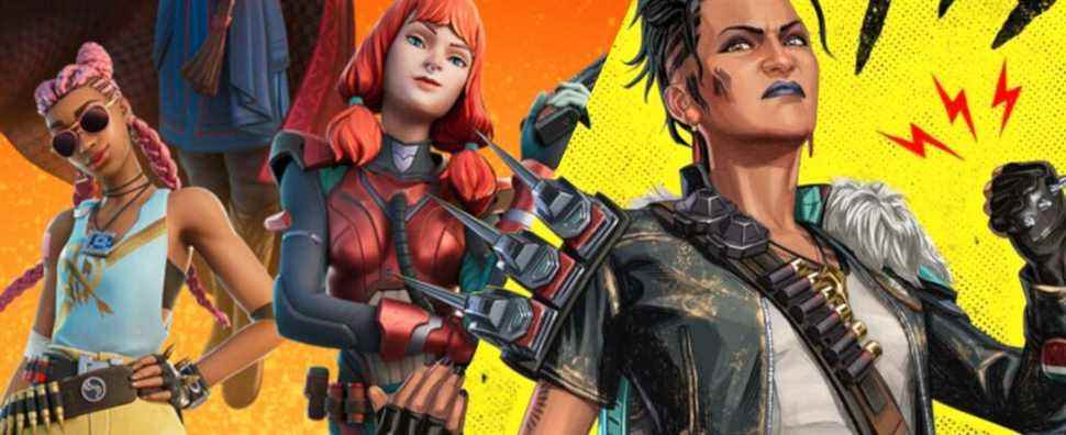 Characters from Fortnite Chapter 3 Season 2 appear next to Mad Maggie from Season 12 of Apex Legends.