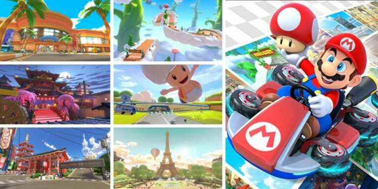 Six of the new Mario Kart 8 Deluxe courses appear in a split screen next to Mario in a go-kart.