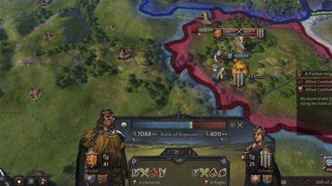 Une bataille qui se déroule dans Crusader Kings 3 - la forme énorme et effrayante de King Bloodmaster éclipse son adversaire sur l'interface utilisateur de combat.