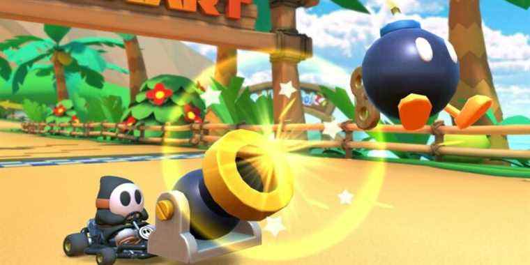 Black Shy Guy using a Bob-Omb Cannon Special Skill in Mario Kart Tour