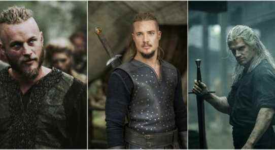 Collage of Ragnar in Vikings, Uhtred in The Last Kingdom and Geralt in The Witcher