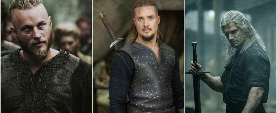 Collage of Ragnar in Vikings, Uhtred in The Last Kingdom and Geralt in The Witcher