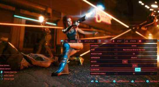 Screenshot from Cyberpunk 2077 showing someone in an action pose through Photo Mode.