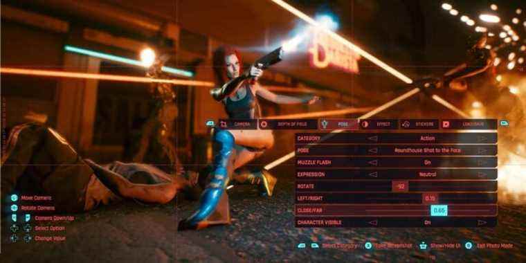 Screenshot from Cyberpunk 2077 showing someone in an action pose through Photo Mode.