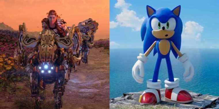 Horizon Forbidden West's Aloy riding a Charger next to Sonic in Sonic Frontiers