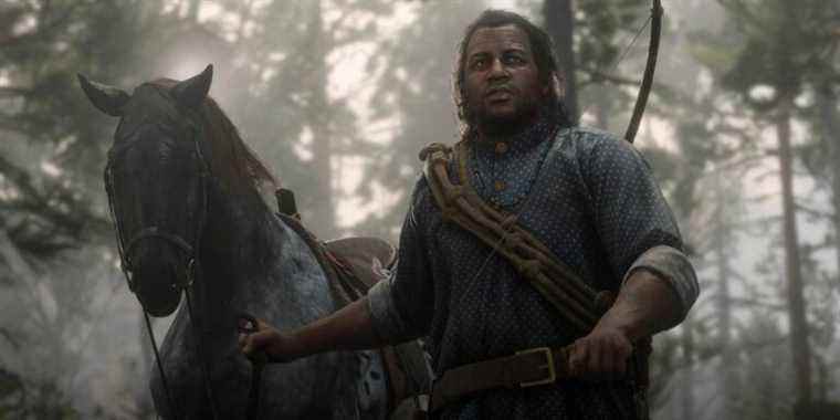 RDR2 Hunting With Charles a horse walks beside Charles