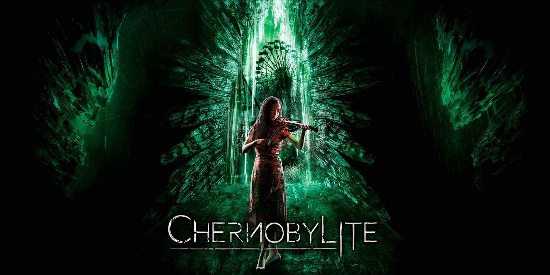  Image from Chernobylite showing a ghostly woman playing a violin in a neon green corridor.