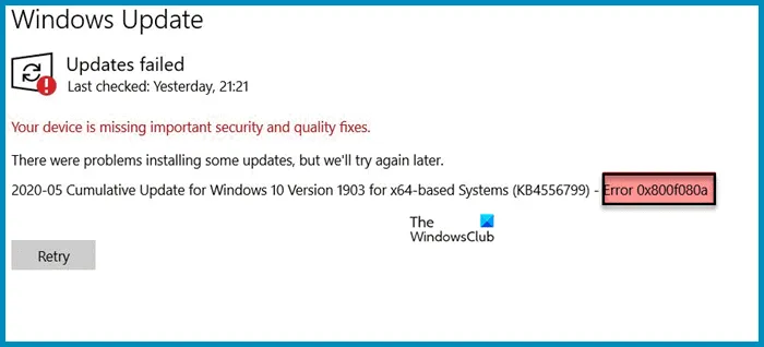 Correction de l'erreur de mise à jour Windows 0x800f080a