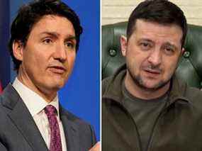 Le premier ministre canadien Justin Trudeau, à gauche, et le dirigeant ukrainien Volodymyr Zelenskyy.