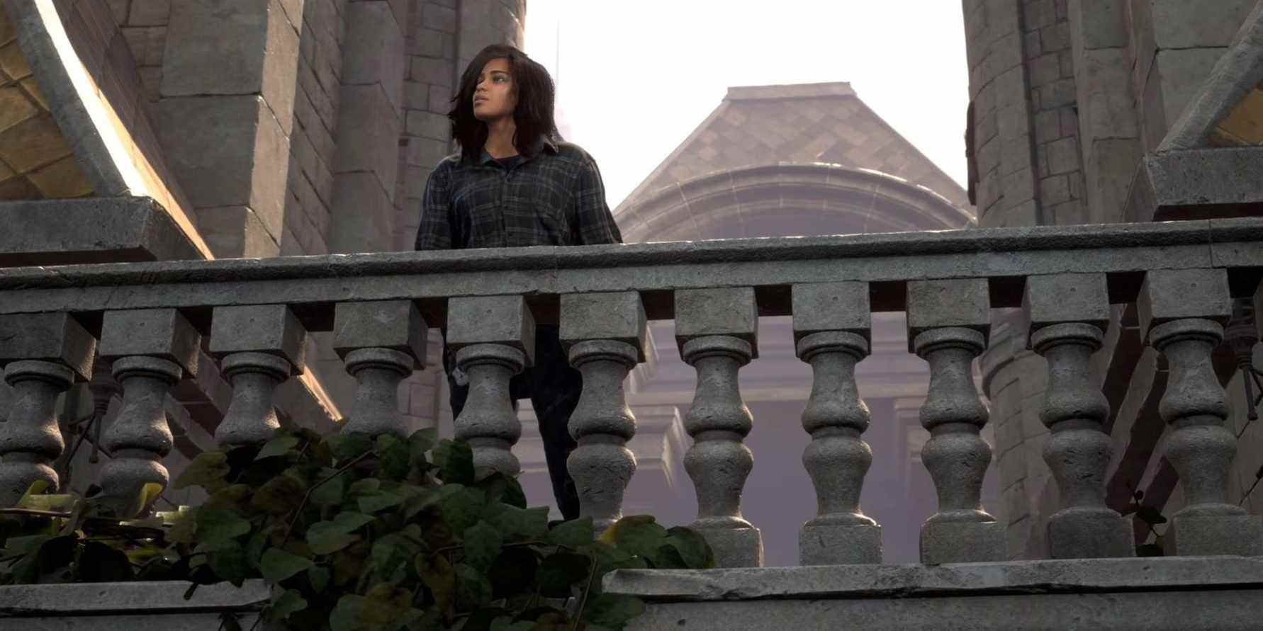 Frey Holland debout sur le balcon d'un château dans Forspoken