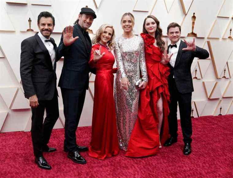 Eugenio Derbez, from left, Troy Kotsur, Marlee Matlin, Sian Heder, Emilia Jones, and Daniel Durant arrive at the Oscars on Sunday, March 27, 2022, at the Dolby Theatre in Los Angeles. (AP Photo/Jae C. Hong)