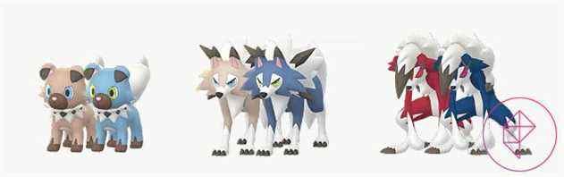 Shiny Rockruff avec les deux formes de Lycanroc.  Tous les trois deviennent bleus lorsqu'ils sont brillants.