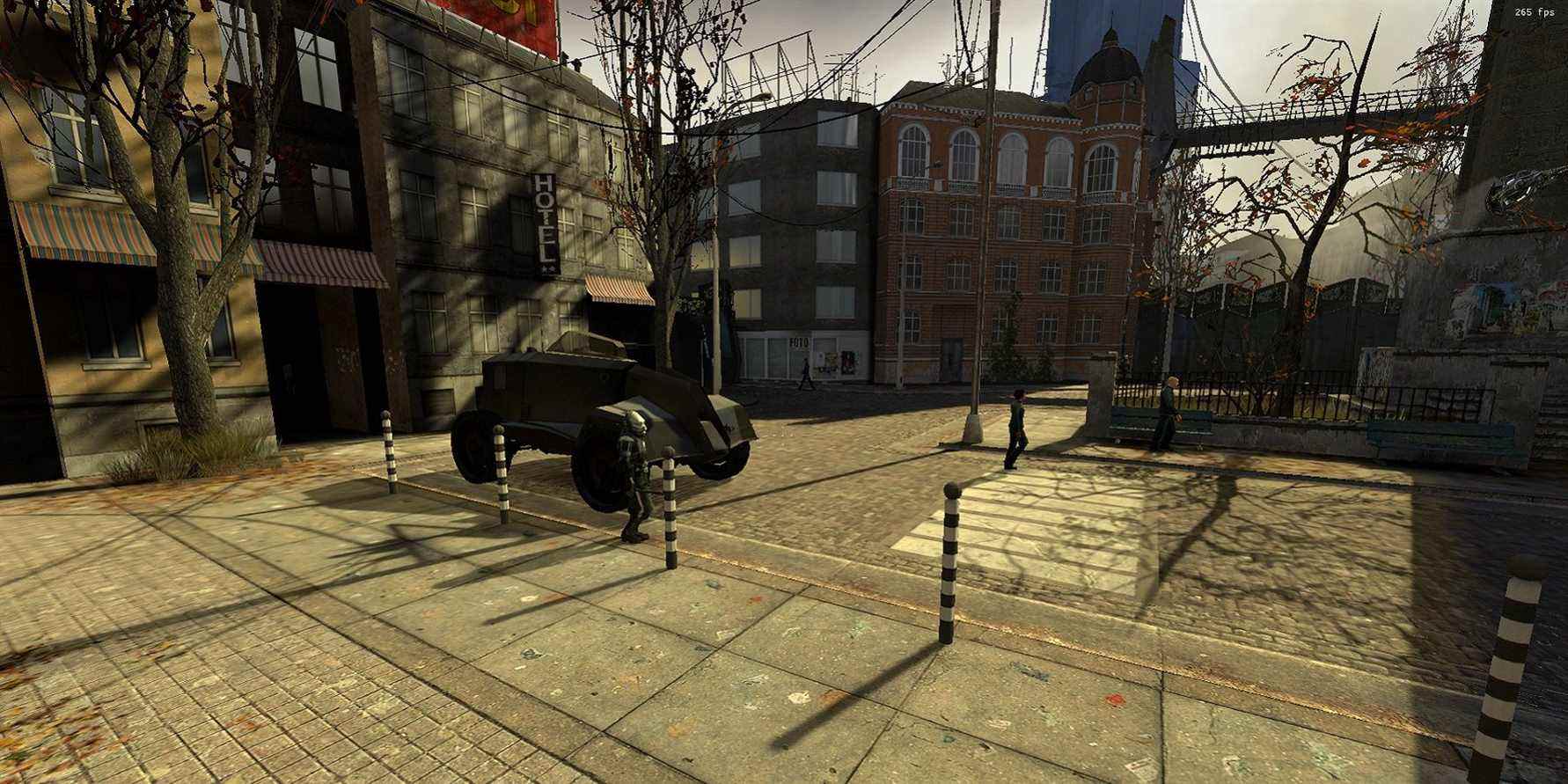 Screenshot from Half-Life 2 showing a tank in City 17.