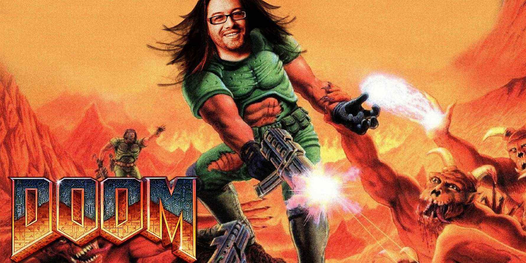 An image showing the iconic Doom cover but with John Romero's head in-place of Doom Guy's.